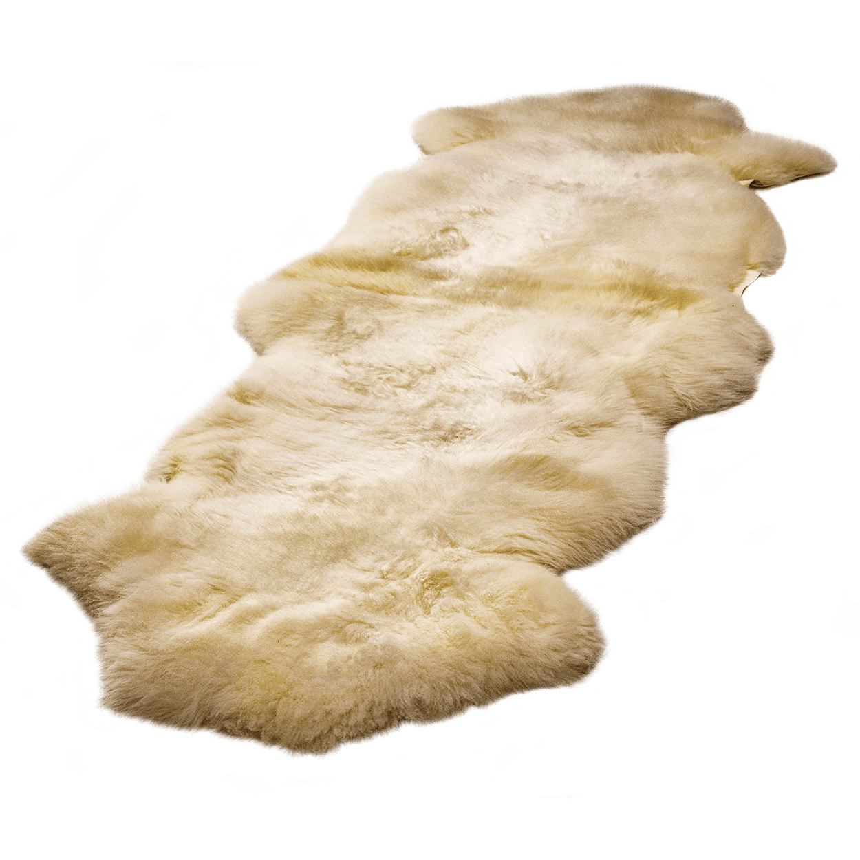 Vorderansicht zwei weiße Schaffelle vernäht zu Doppelfell