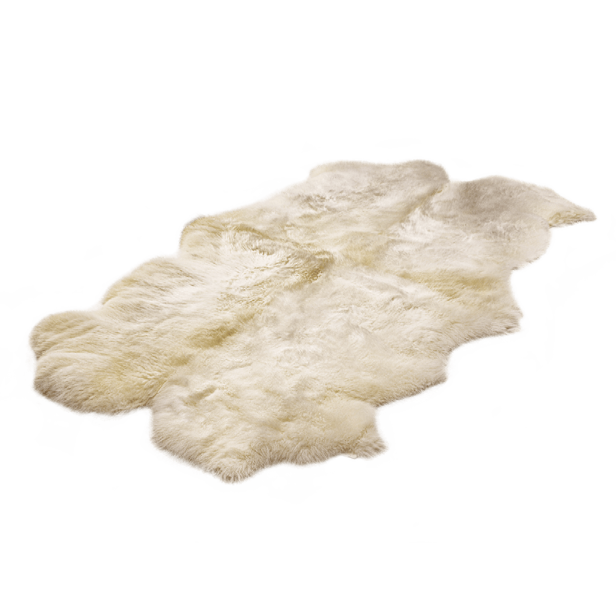 Vorderansicht vier vernähter weißer Schaffelle zu einem Fellteppich.